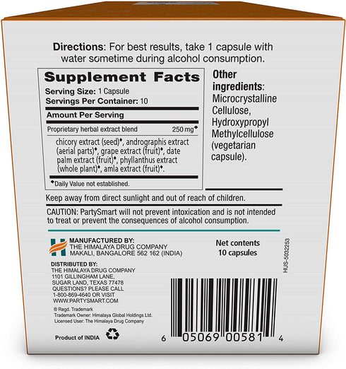Himalaya PartySmart Provides Antioxidants for a Fun Night Out and a Better Tomorrow 250 mg, 10 Capsules